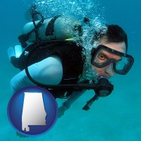 alabama map icon and a scuba diver