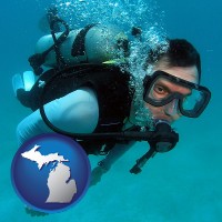 michigan map icon and a scuba diver